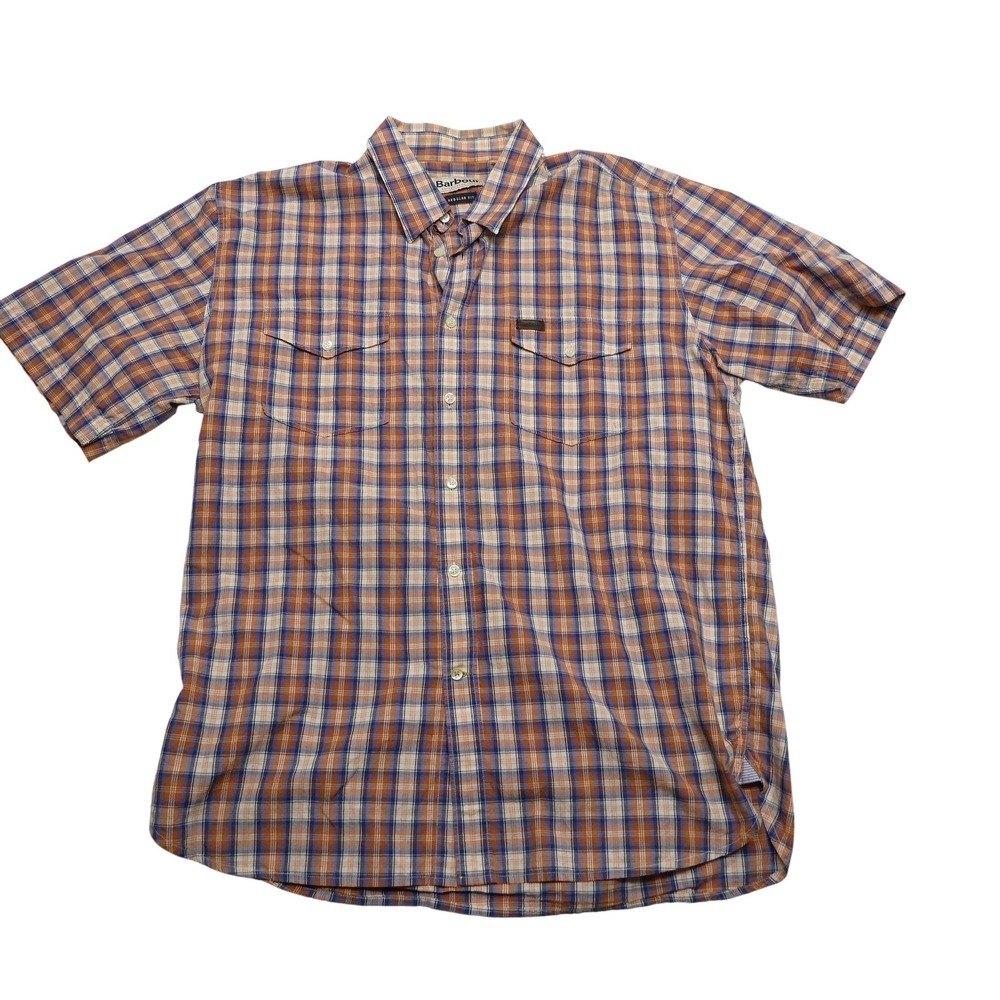 Barbour Shirt Mens Medium Orange Blue‎ Plaid Short Sleeve Button Front Casual